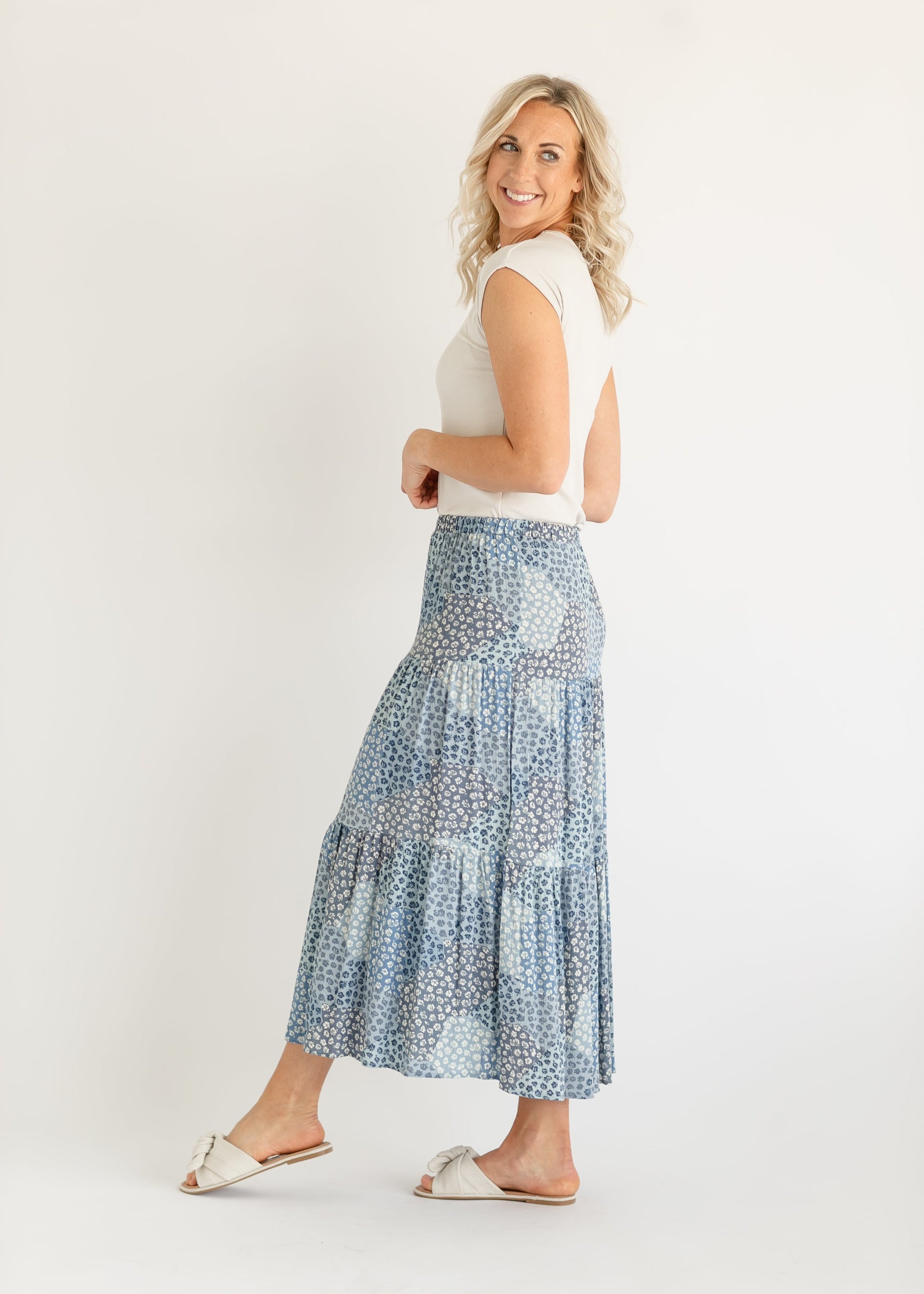 Ria Blue Patchwork Floral Maxi Skirt FF Skirts