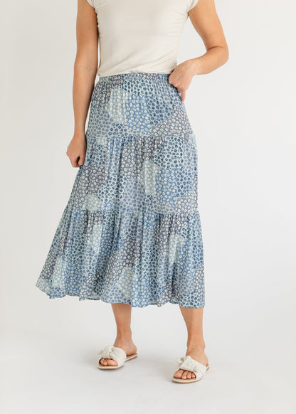 Ria Blue Patchwork Floral Maxi Skirt FF Skirts
