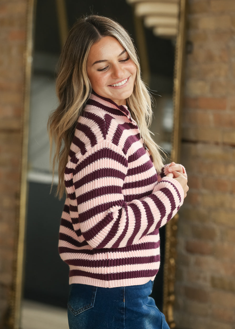 Rib Knit Striped Zip-up Cardigan FF Tops