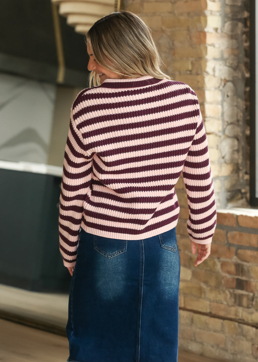 Rib Knit Striped Zip-up Cardigan FF Tops