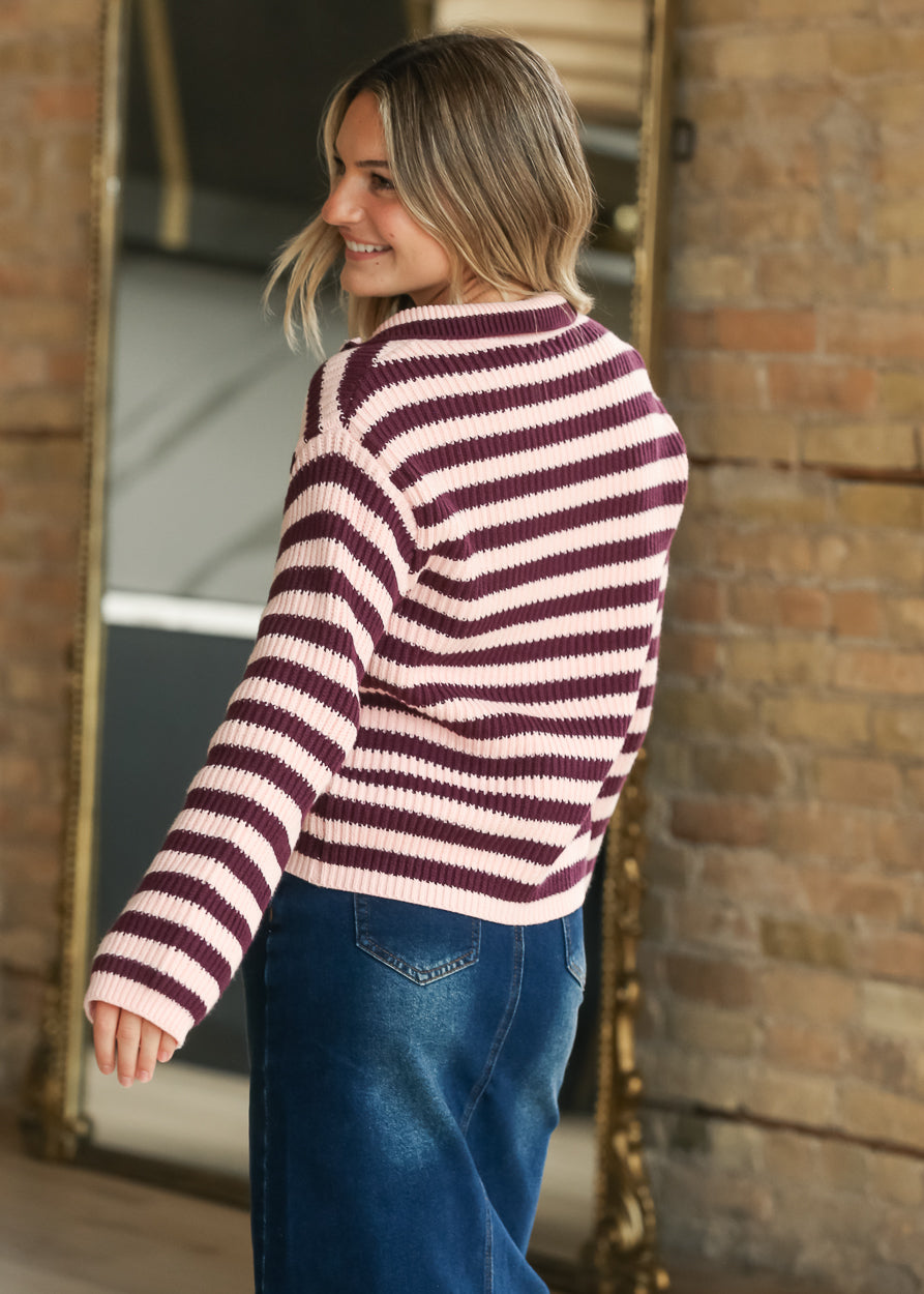 Rib Knit Striped Zip-up Cardigan FF Tops