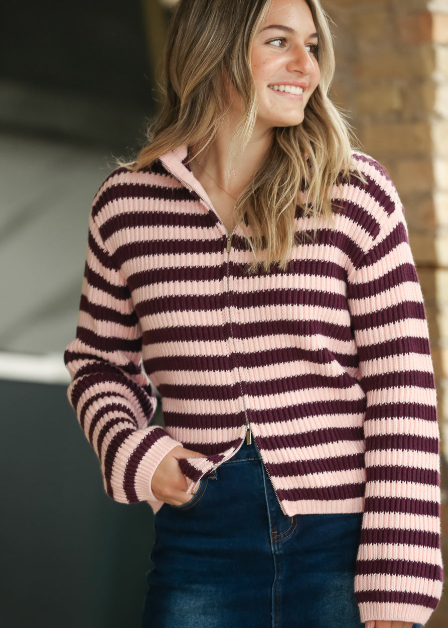 Rib Knit Striped Zip-up Cardigan FF Tops S