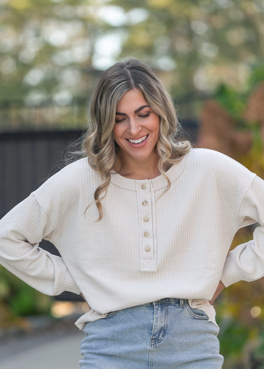 Ribbed 1/4 Button Long Sleeve Henley FF Tops