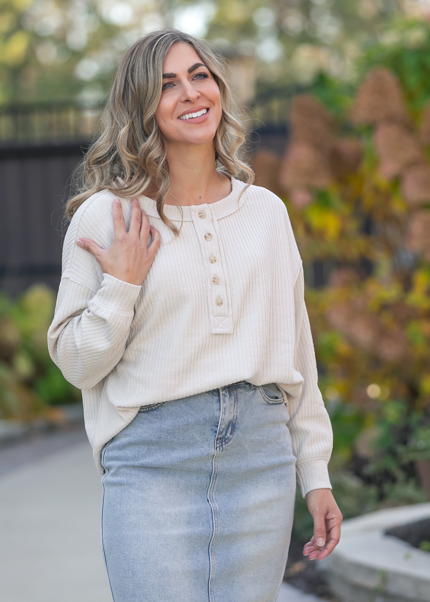 Ribbed 1/4 Button Long Sleeve Henley FF Tops