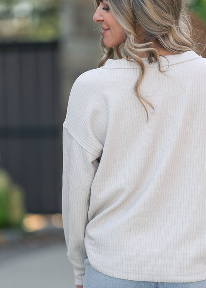 Ribbed 1/4 Button Long Sleeve Henley FF Tops