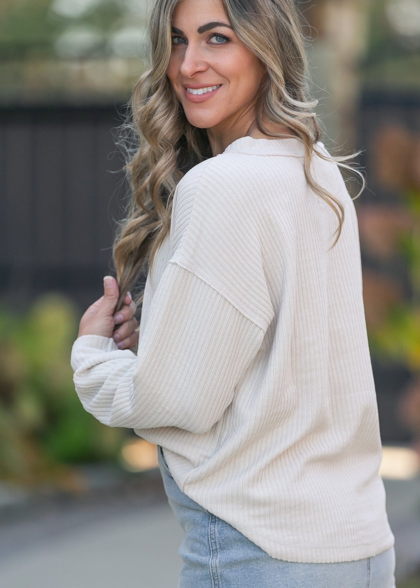 Ribbed 1/4 Button Long Sleeve Henley FF Tops