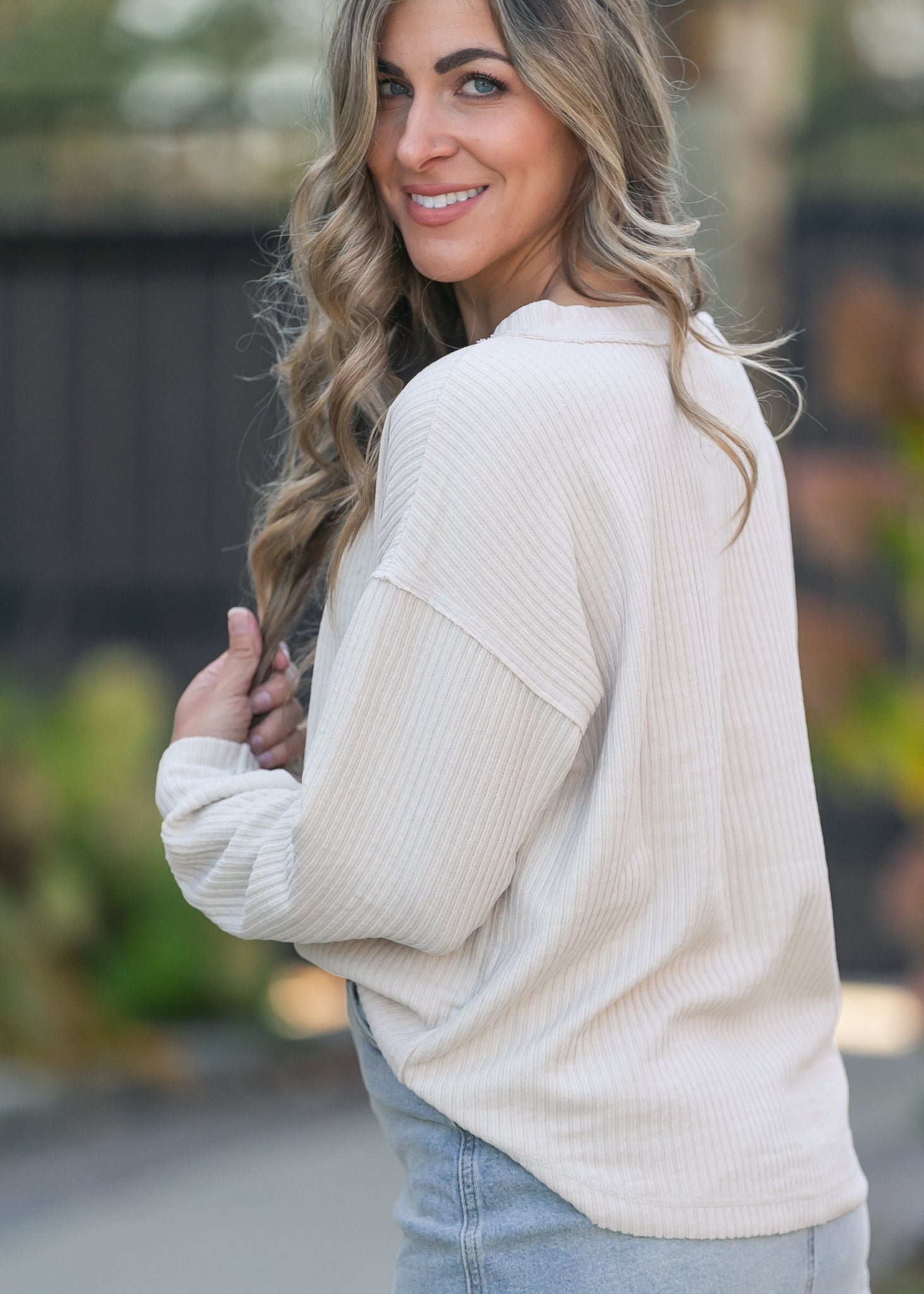 Ribbed 1/4 Button Long Sleeve Henley FF Tops