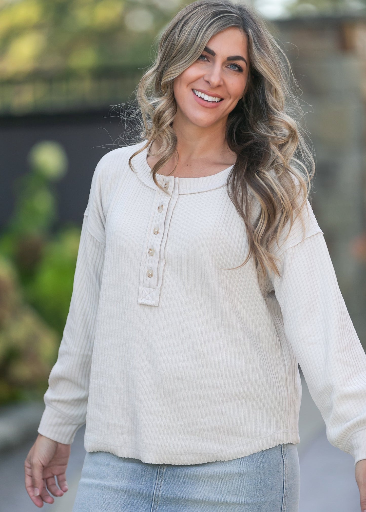 Ribbed 1/4 Button Long Sleeve Henley FF Tops