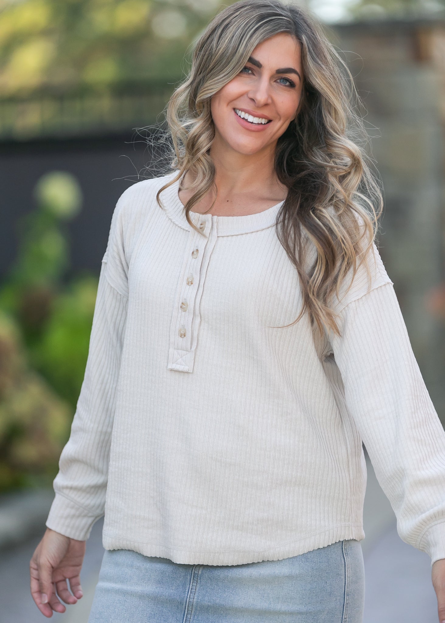 Ribbed 1/4 Button Long Sleeve Henley FF Tops