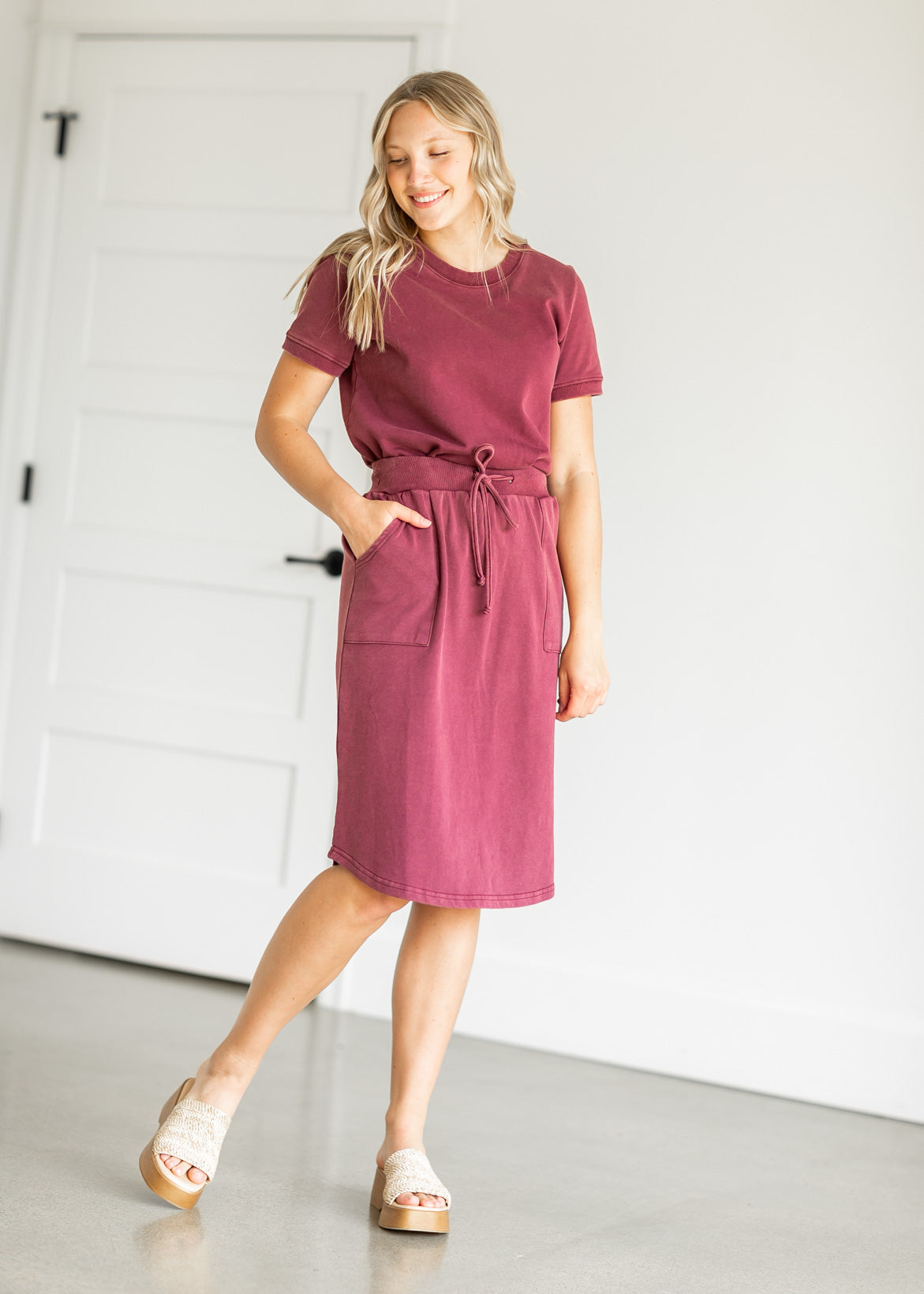 Ribbed Contrast Washed Midi Skirt Skirts Maroon / S