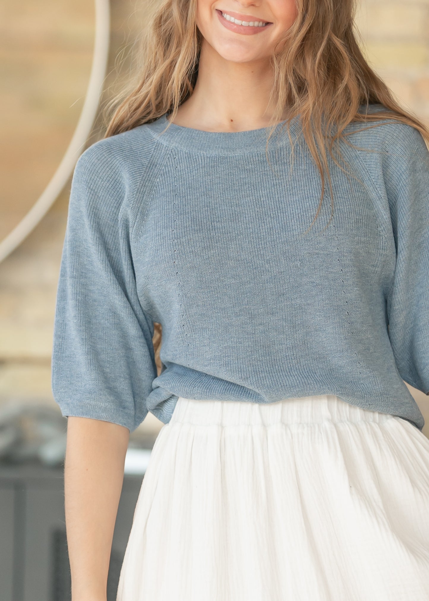 Ribbed Knit Blue Boxy Tee FF Tops