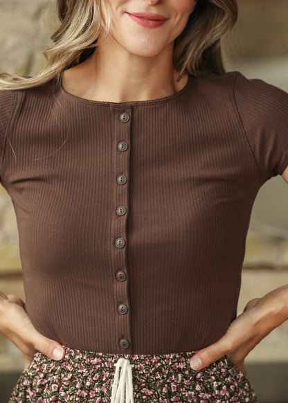 Ribbed Round Neck Brown Short Sleeve Knit Top FF Tops