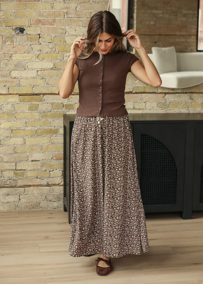 Ribbed Round Neck Brown Short Sleeve Knit Top FF Tops