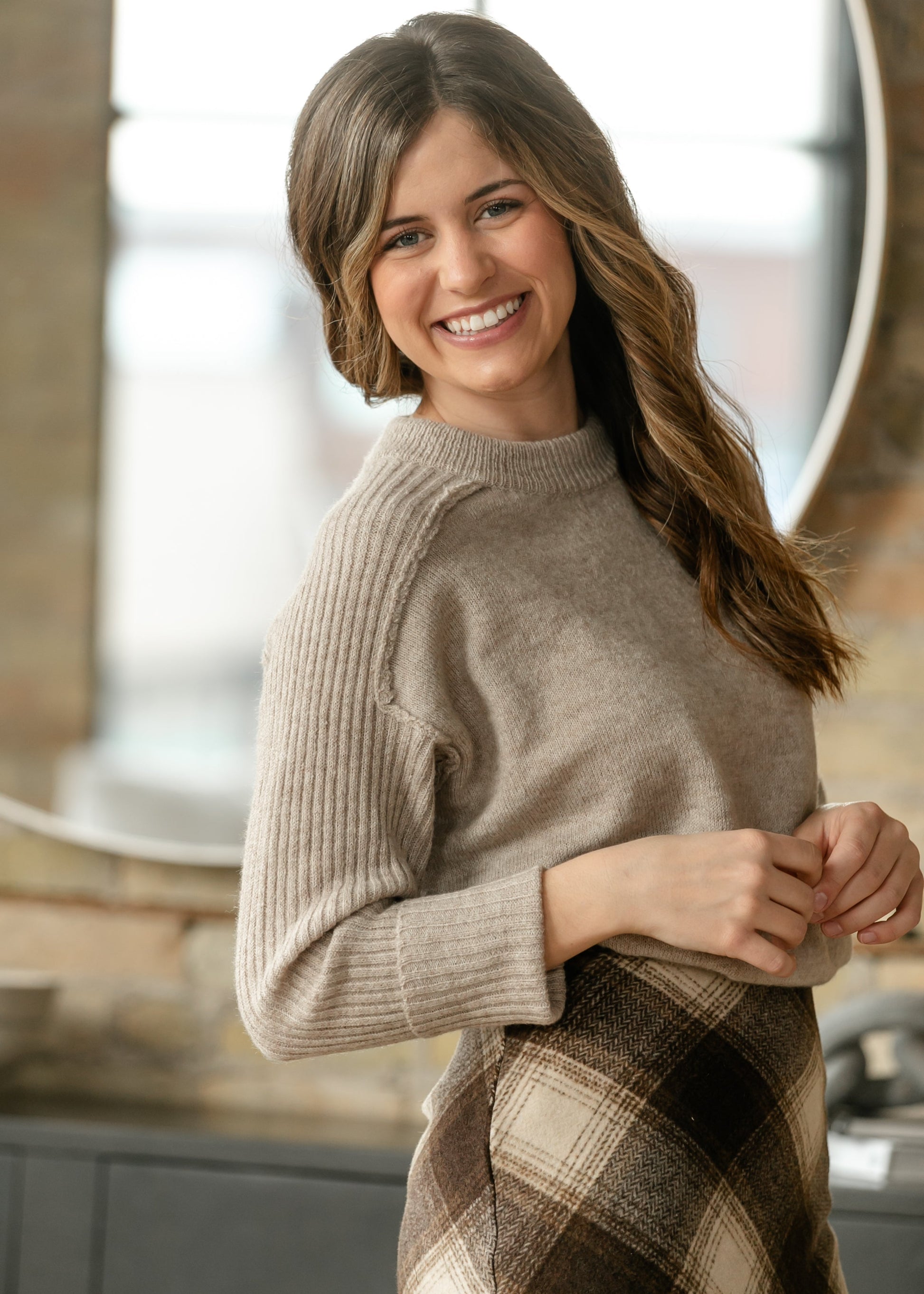 Ribbed Sleeve Crew Neck Sweater FF Tops