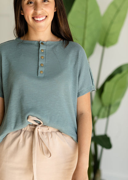Ribbed Snap Button Tee - FINAL SALE FF Tops S / Blue