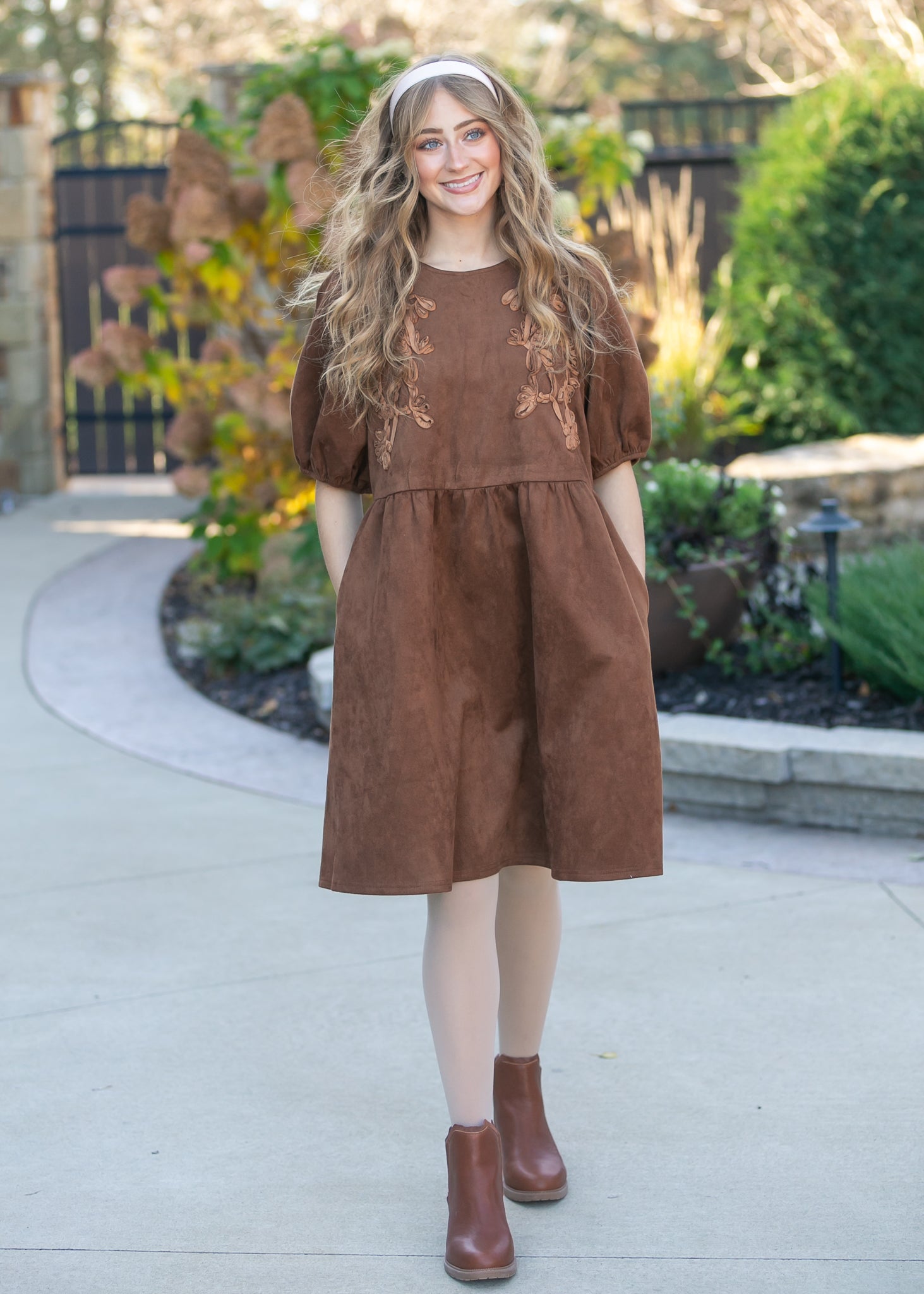 Ribbon Embroidered Suede Dress FF Dresses