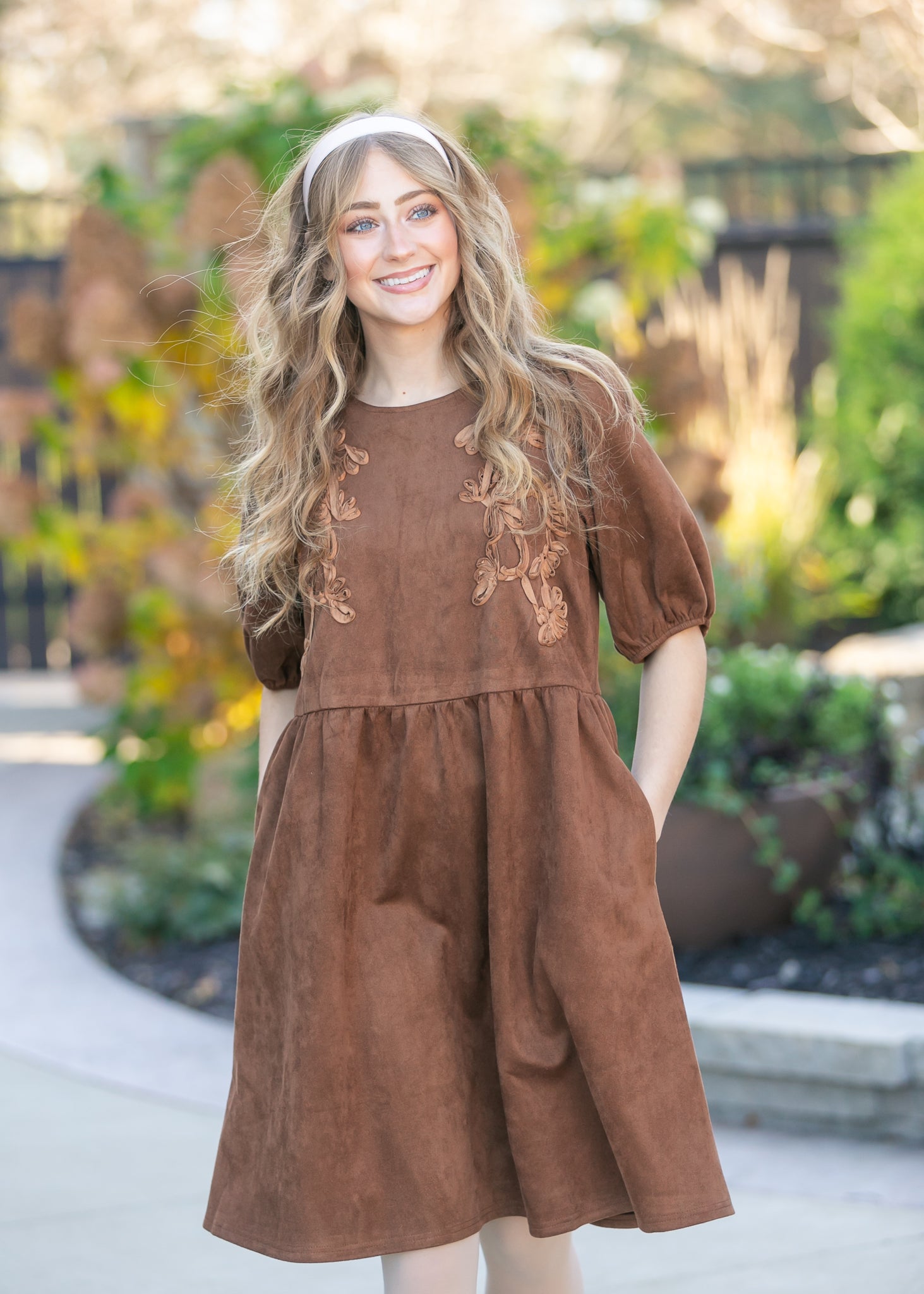 Ribbon Embroidered Suede Dress FF Dresses