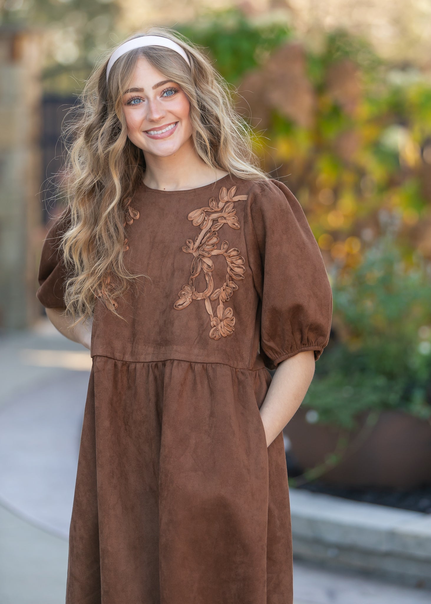 Ribbon Embroidered Suede Dress FF Dresses