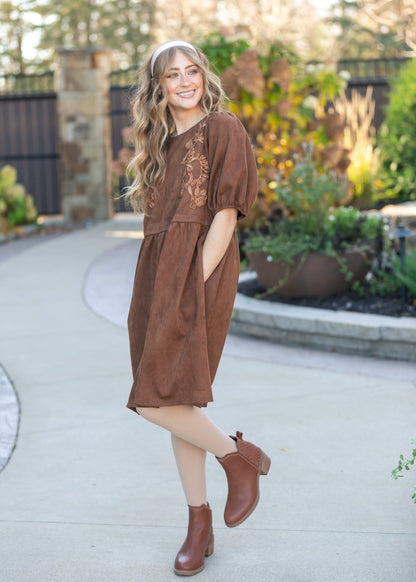 Ribbon Embroidered Suede Dress FF Dresses