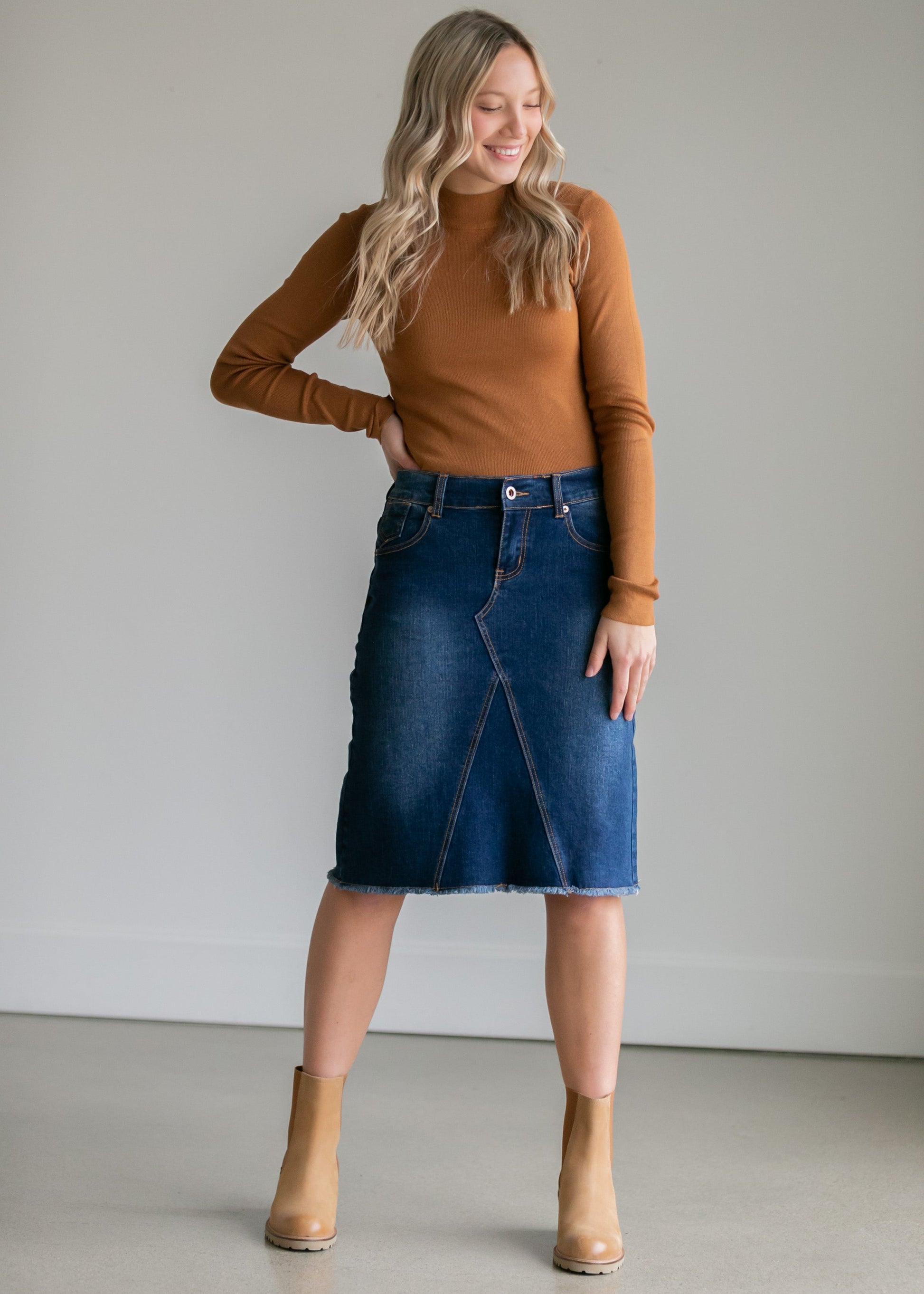 Riley Frayed Hem Denim Midi Skirt IC Skirts