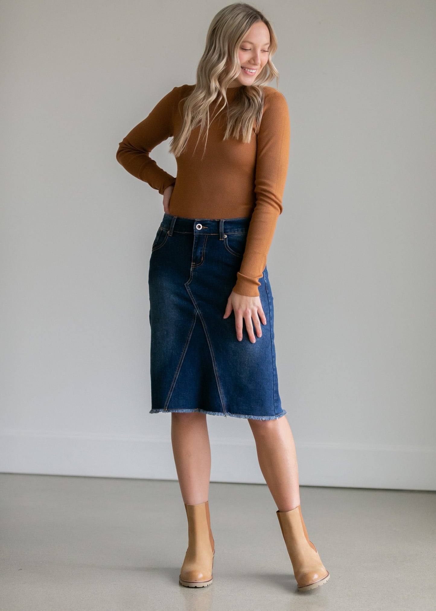 Riley Frayed Hem Denim Midi Skirt IC Skirts