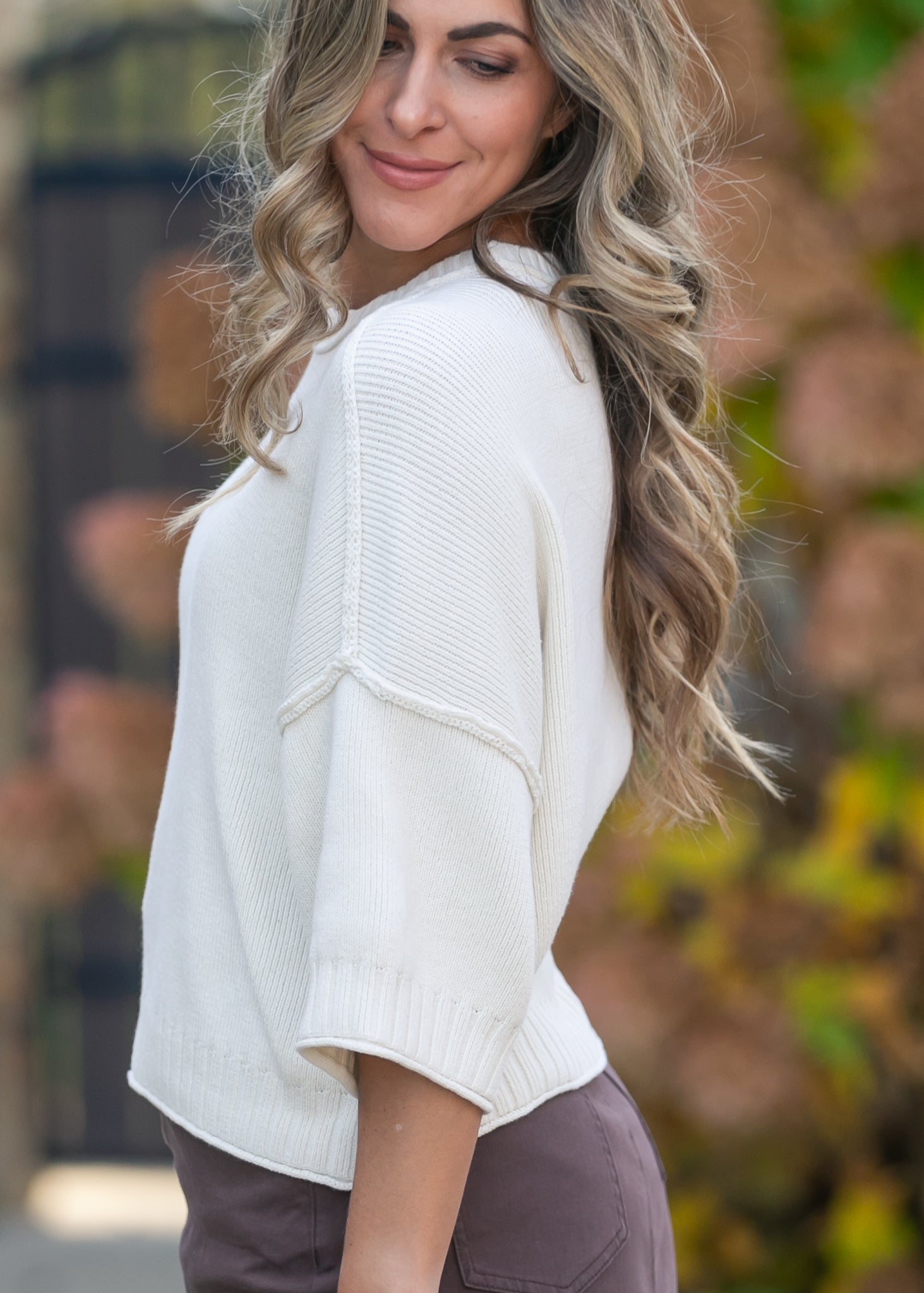 Rolled Hem Drop Shoulder Knit Top FF Tops