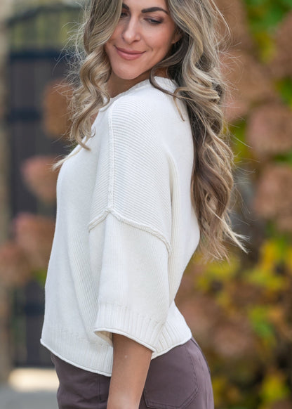 Rolled Hem Drop Shoulder Knit Top FF Tops