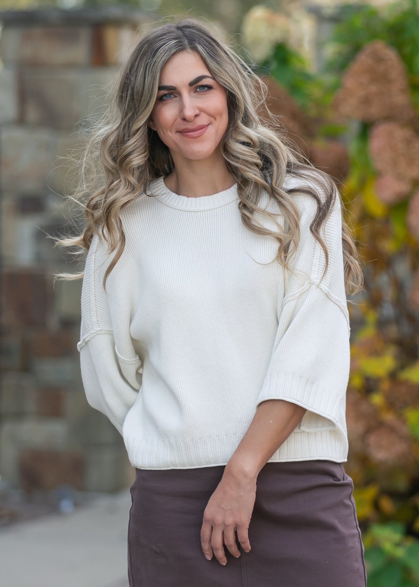 Rolled Hem Drop Shoulder Knit Top FF Tops Ivory / S