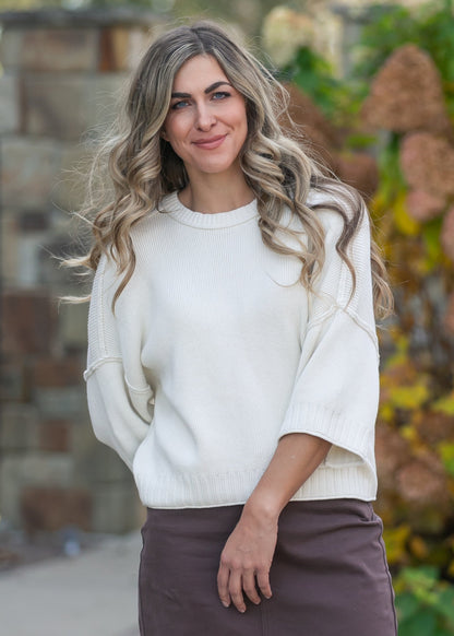 Rolled Hem Drop Shoulder Knit Top FF Tops Ivory / S