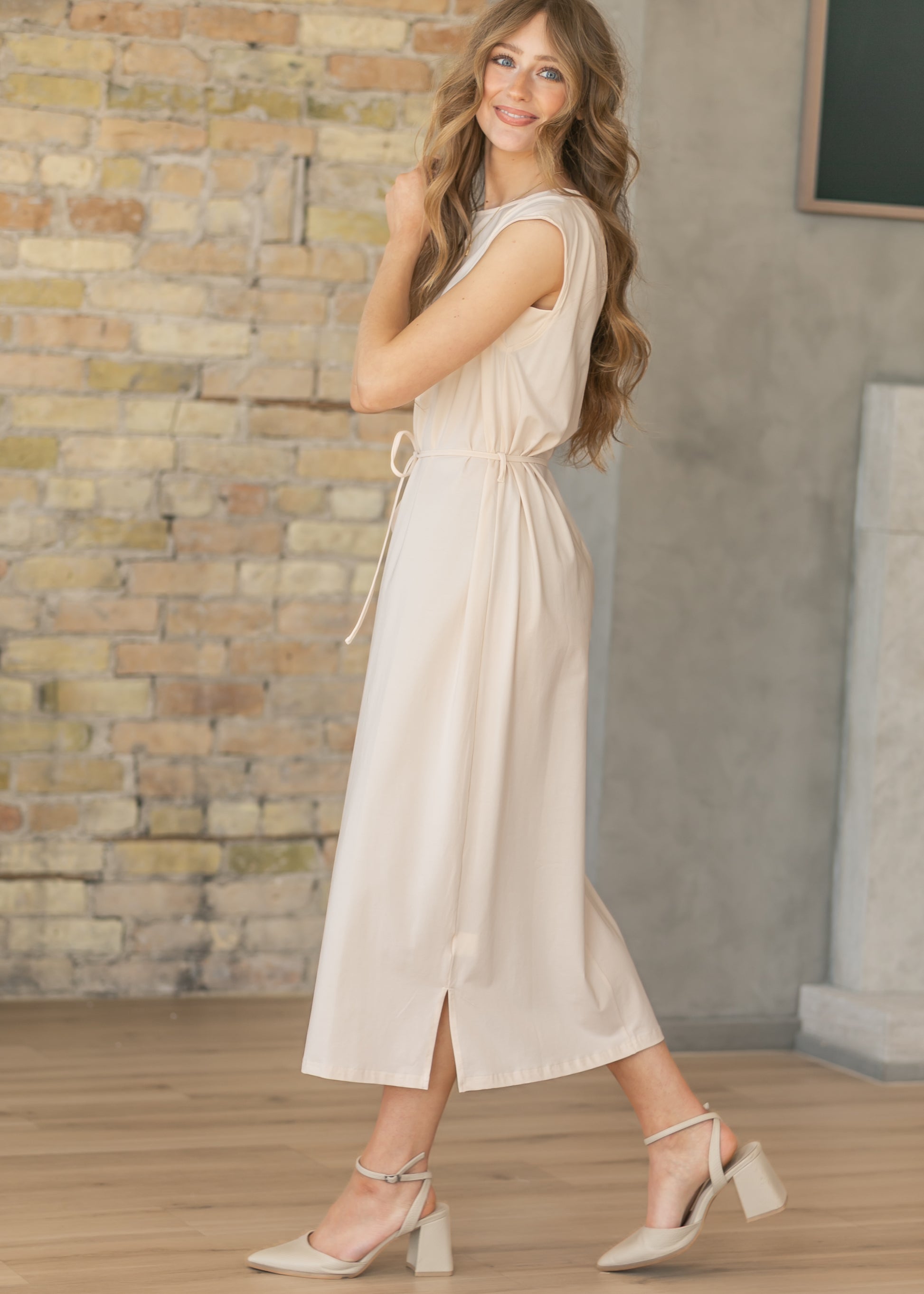 Romy Blush Cream Self-Tie Midi Dress IC Dresses