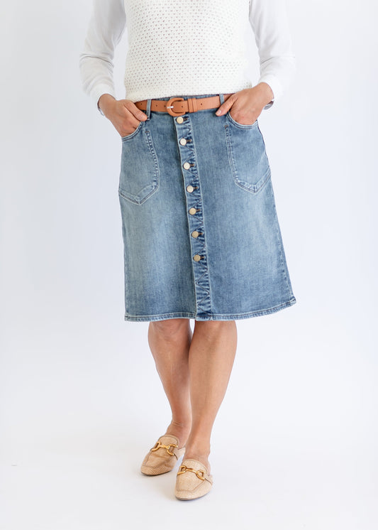 Rose Front Button Denim Midi Skirt FF Skirts