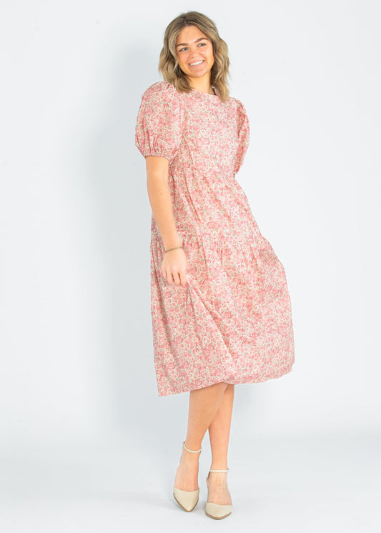 Rose Printed Puff Short Sleeve Maxi Dress FF Dresses
