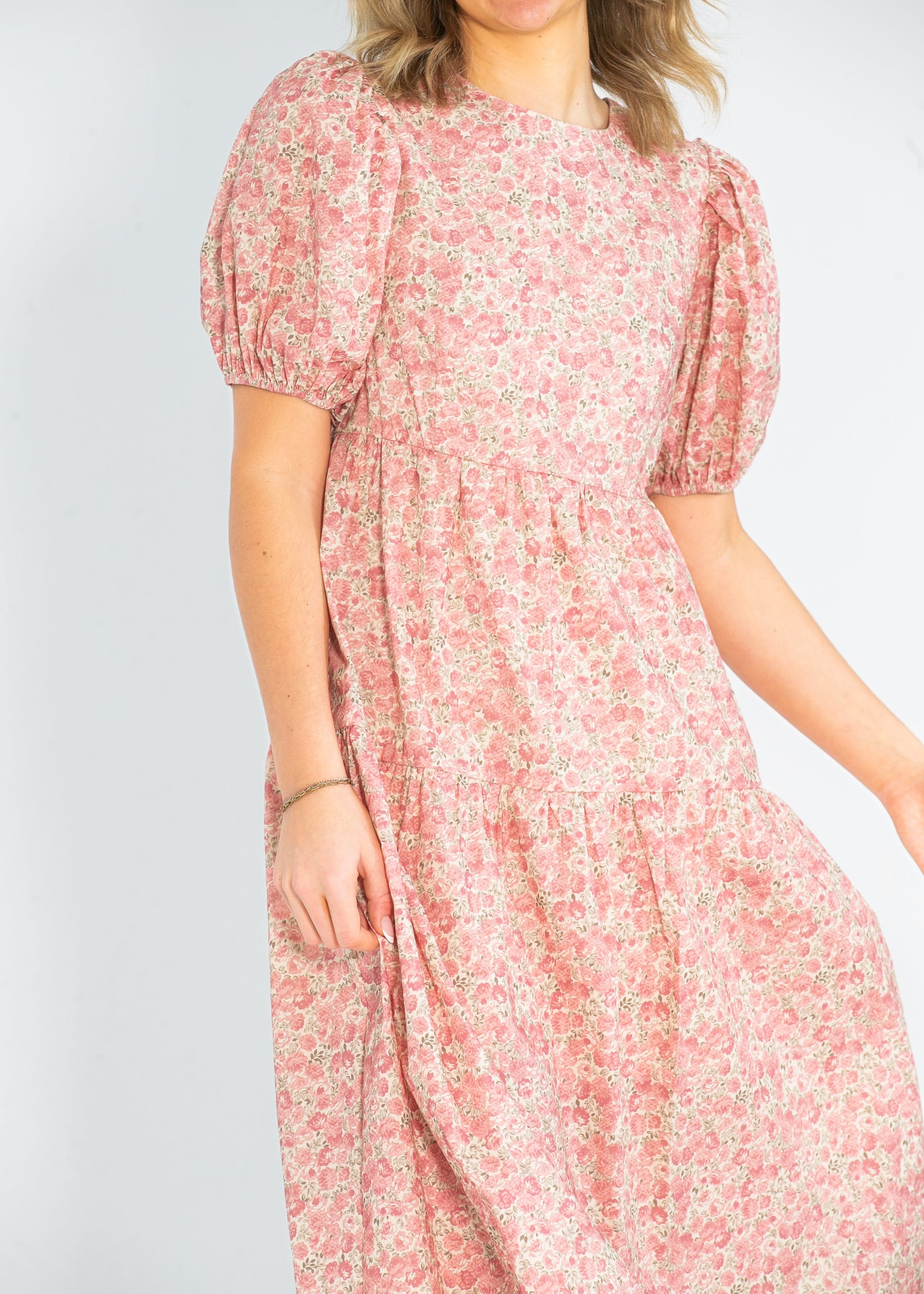 Rose Printed Puff Short Sleeve Maxi Dress FF Dresses