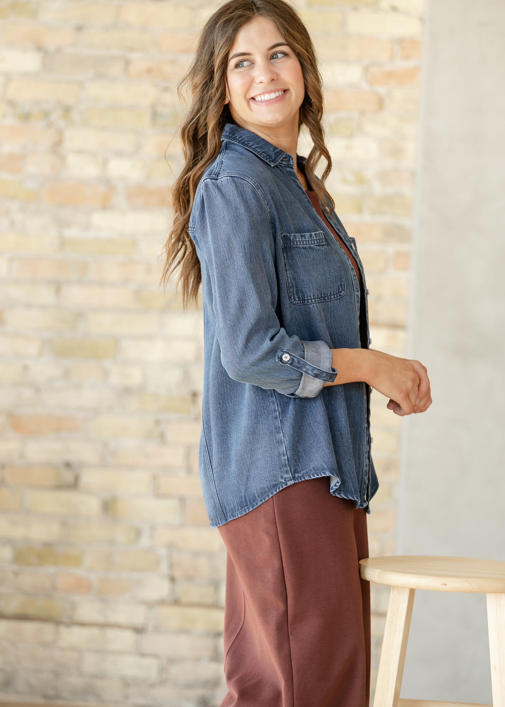 Rowan Dark Chambray Button Down Top IC Tops