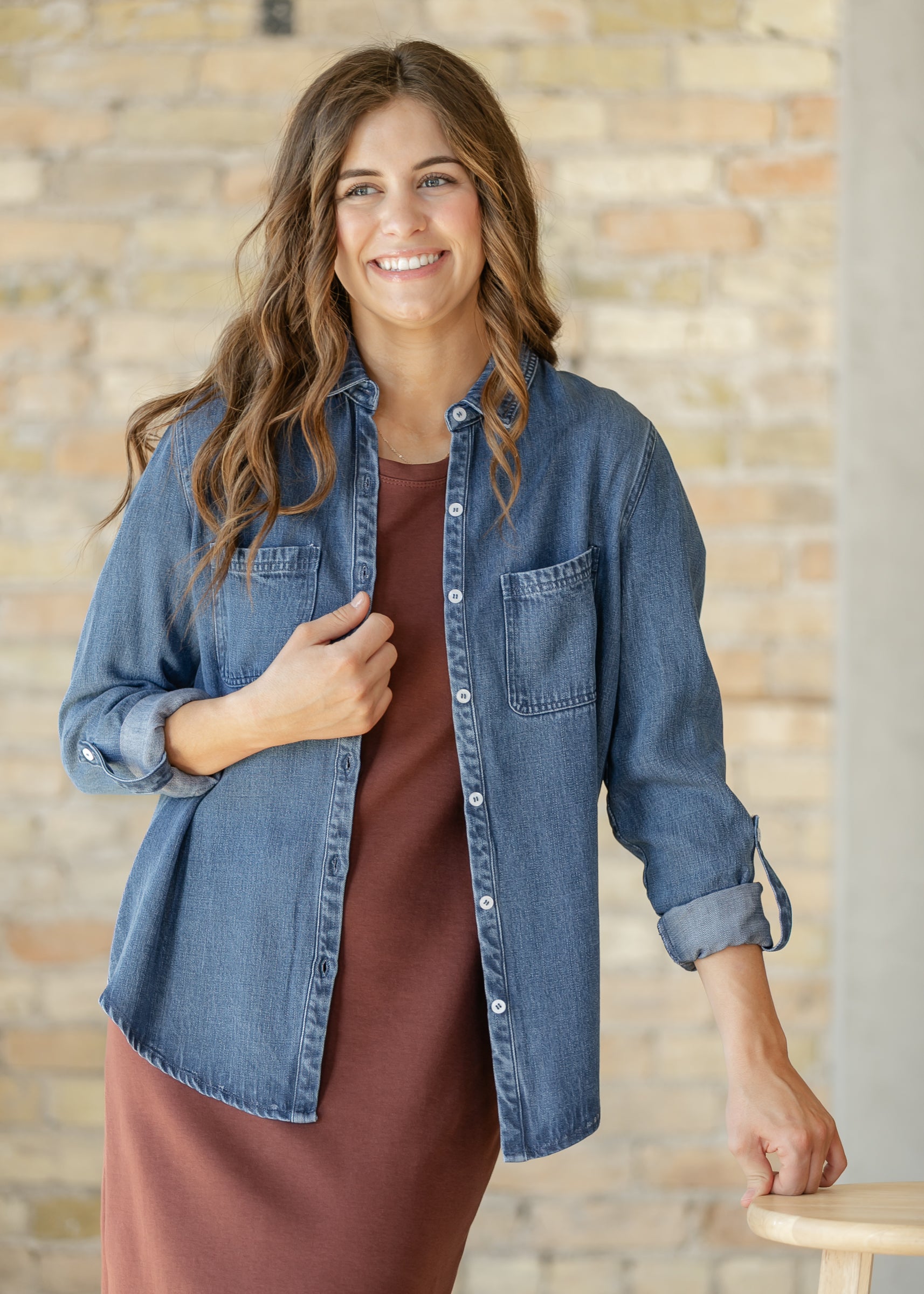 Rowan Dark Chambray Button Down Top IC Tops