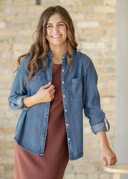 Rowan Dark Chambray Button Down Top IC Tops