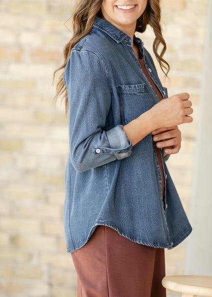 Rowan Dark Chambray Button Down Top IC Tops