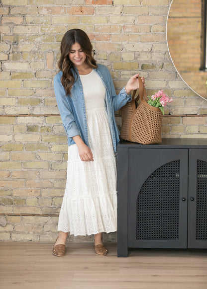 Rowan Light Wash Chambray Button Down Top IC Tops
