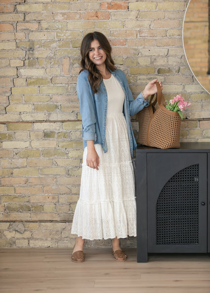Rowan Light Wash Chambray Button Down Top IC Tops