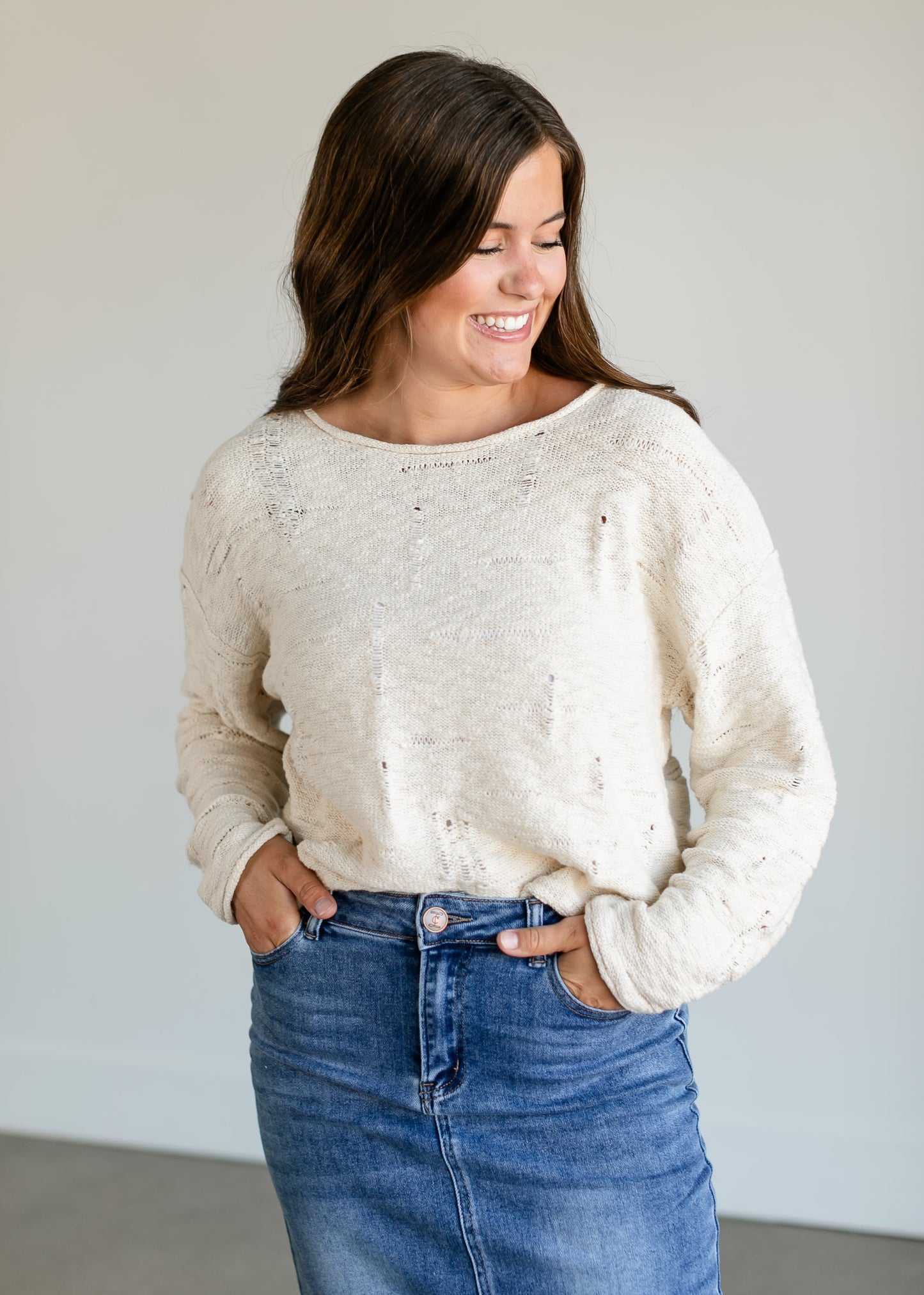 Rowe Boatneck Distressed Sweater FF Tops