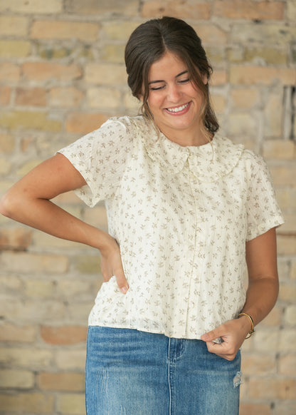 Ruffle Collar Floral Short Sleeve Top FF Tops