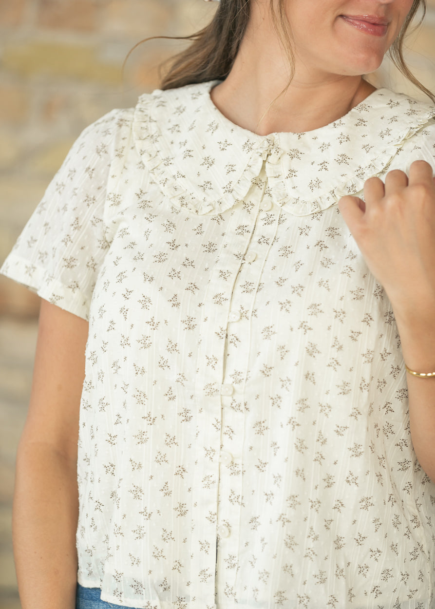 Ruffle Collar Floral Short Sleeve Top FF Tops