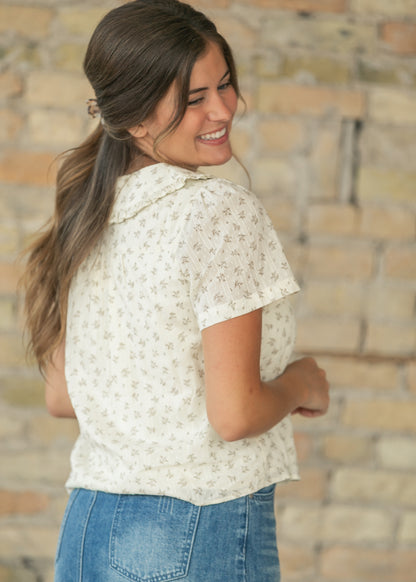 Ruffle Collar Floral Short Sleeve Top FF Tops