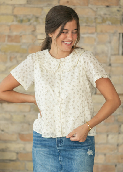 Ruffle Collar Floral Short Sleeve Top FF Tops S