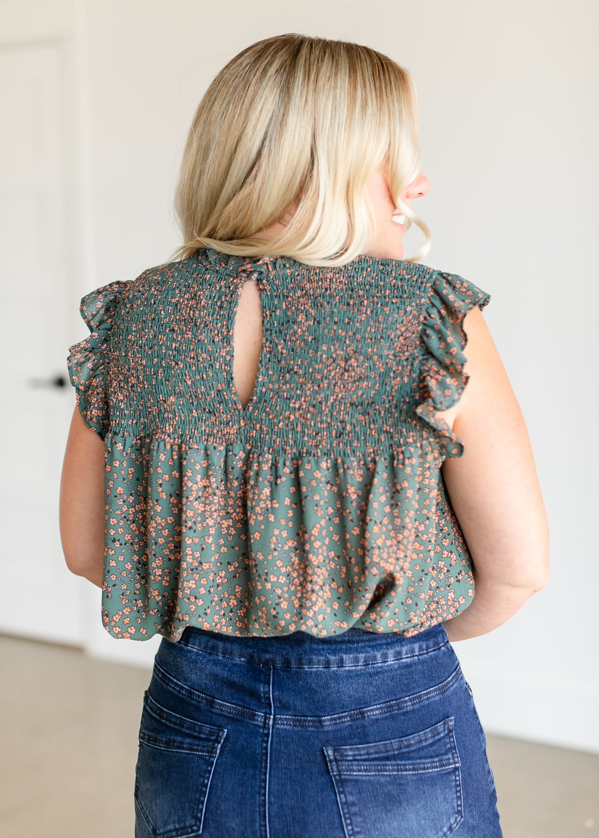 Ruffle Sleeve Smocked Ditsy Floral Top FF Tops