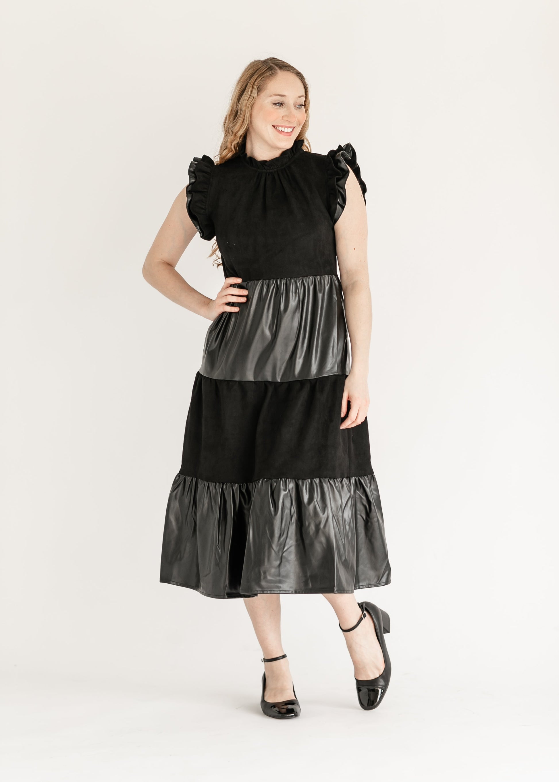 Ruffle Sleeve Vegan Leather Midi Dress FF Dresses