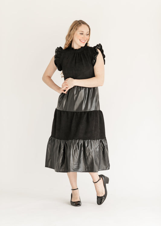 Ruffle Sleeve Vegan Leather Midi Dress FF Dresses