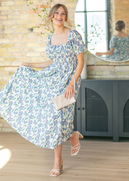 Ruffle Square Neck Smocked Maxi Dress FF Dresses