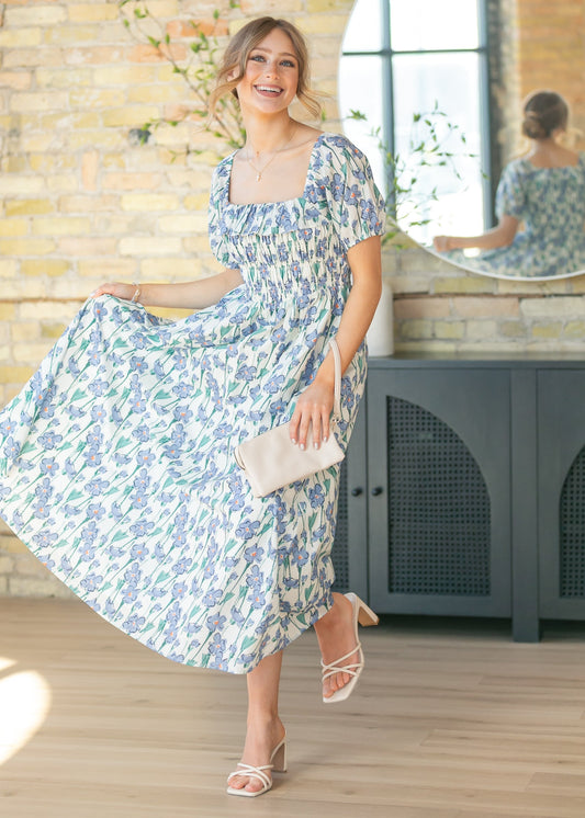 Ruffle Square Neck Smocked Maxi Dress FF Dresses