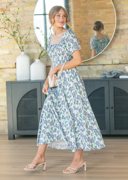 Ruffle Square Neck Smocked Maxi Dress FF Dresses